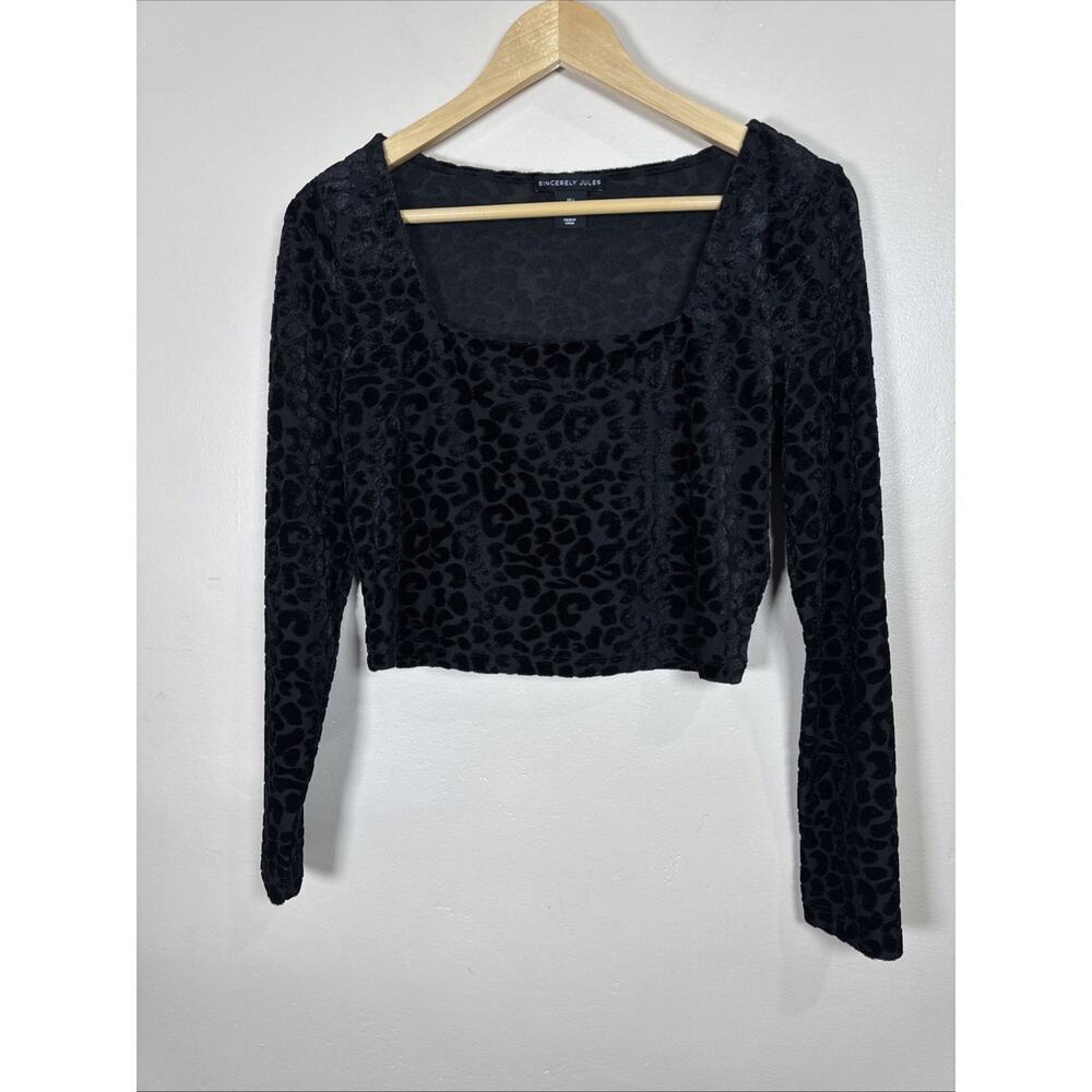 Sincerely Jules Womens Crop Top Black Velvet Burnout Leopard L Square Neck